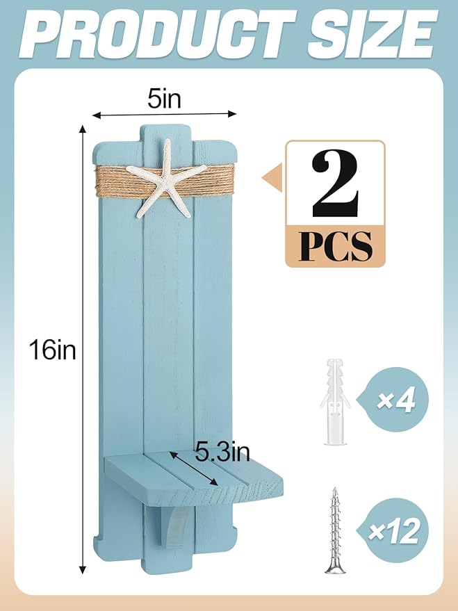 Alphatool Farmhouse Wall Decor Candle Sconces - 2 Pcs Vintage Rustic Handmade Wooden Wall-Mount Candle Holders for Bedroom Livingroom Home Hanging Art Decorations Accessories Gifts, Blue