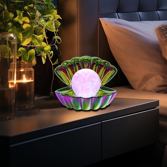 LKUA Shell Pearl Beach Themed Night Light, RGB 8 Colors Changing Mood Shell Pearl Lamps, Bedside LED Clamshell Portable Night Lights for Bar (Electroplating Colorful)