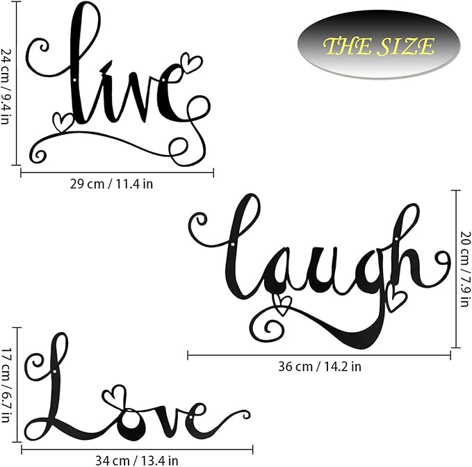 ESTART 3 Pieces Black Metal Letter Sign Decor 'Live Laugh Love' WordArt Wall Art Decor for Home Indoor Outdoor Bedroom Living room Bathroom and Office
