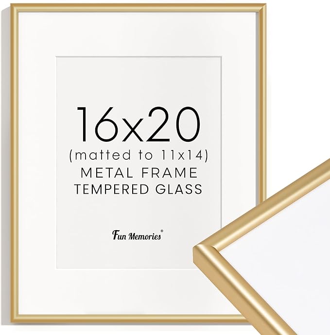 Fun Memories 16x20 Aluminum Picture Frame Gold, 16"x20" Frame for Wall with Real Glass, 16 x 20 Gold Metal Frame, 16x20 Picture frame Matted to 11x14