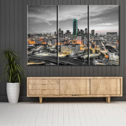 TUMOVO Dallas Texas USA Downtown Skyline Modern Home Decor 3 Panels Skyscrapers Nighttime Lightscape Pictures Canvas Wall Art for Bedroom, Living Room, Office. Ready to Hang (60" Wx40 H)