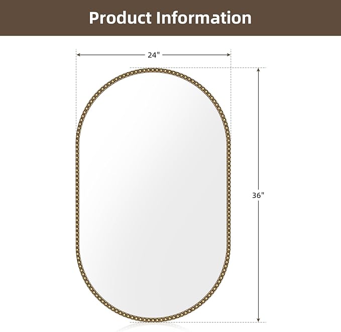 Champagne Bronze Bathroom Mirror, 24x36 Inch Vintage Gold Beaded Oval Mirrors, Antique Brass Decorative Mirror for Living Room, Bedroom, Entryway, Fireplace