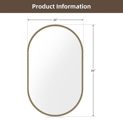 Champagne Bronze Bathroom Mirror, 24x36 Inch Vintage Gold Beaded Oval Mirrors, Antique Brass Decorative Mirror for Living Room, Bedroom, Entryway, Fireplace