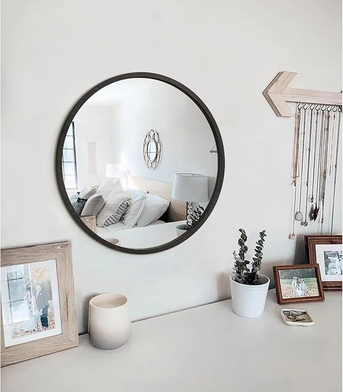 JJUUYOU Circle Wall Mirror 24 Inch Large Round Wall Mounted Antique Mirror for Bathroom Large Wood Frame Mirrors for Living Room Bedroom Washroom Dorm