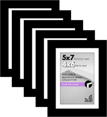 Americanflat 5x7 Picture Frame with Polished Plexiglass - Set of 5 - Use as 4x6 Frame with Mat or Display 5x7 Photo Without Mat - Galleria Collection - Picture Frames for Tabletop and Wall - Black