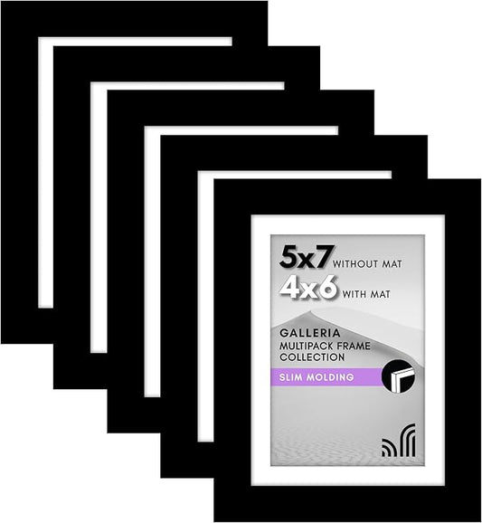Americanflat 5x7 Picture Frame with Polished Plexiglass - Set of 5 - Use as 4x6 Frame with Mat or Display 5x7 Photo Without Mat - Galleria Collection - Picture Frames for Tabletop and Wall - Black
