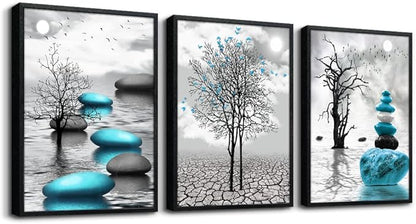 Large Black Framed Wall Art for Living Room Wall Decor for Office Bedroom Wall Decoration Blue Abstract Pictures Black and White Paintings Modern Room Aesthetic Home Decor 3 Piece Art Prints