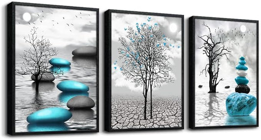 Large Black Framed Wall Art for Living Room Wall Decor for Office Bedroom Wall Decoration Blue Abstract Pictures Black and White Paintings Modern Room Aesthetic Home Decor 3 Piece Art Prints