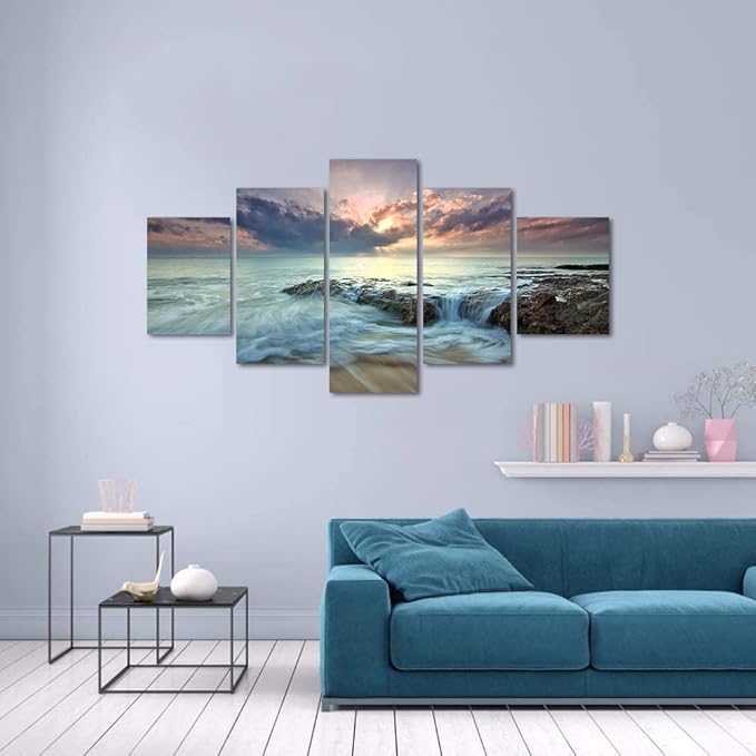 Yatsen Bridge Landscape Canvas Wall Art 5 Panels Sea Water and Rocks Picture Artwork Sunrise Wall Decorative Set for Home Office Decor Modern Stretched and Wood Framed Ready to Hang -60" W x 32" H