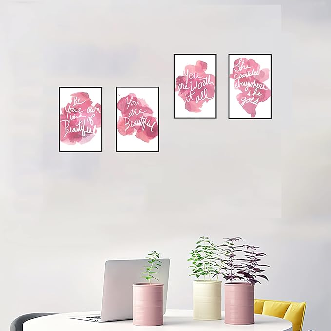 Set of 4 Framed Motivational Wall Art Quote Pink Woman's Room Home Decor, Canvas Painting Posters Print Pictures Positive Words for Office Bedroom Decoration