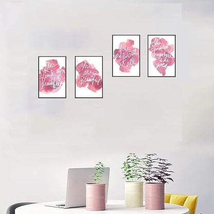 Set of 4 Framed Motivational Wall Art Quote Pink Woman's Room Home Decor, Canvas Painting Posters Print Pictures Positive Words for Office Bedroom Decoration