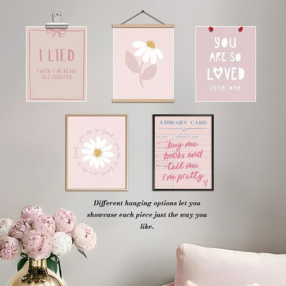 XYHYRA Pink Wall Art Painting Set of 9, Pink Preppy Girly Quote Canvas Prints Painting, Romantic Bow Books Daisy Poster Aesthetic Room Decor for Teen Girls Bedroom Dorm 8x10 Inch Unframed