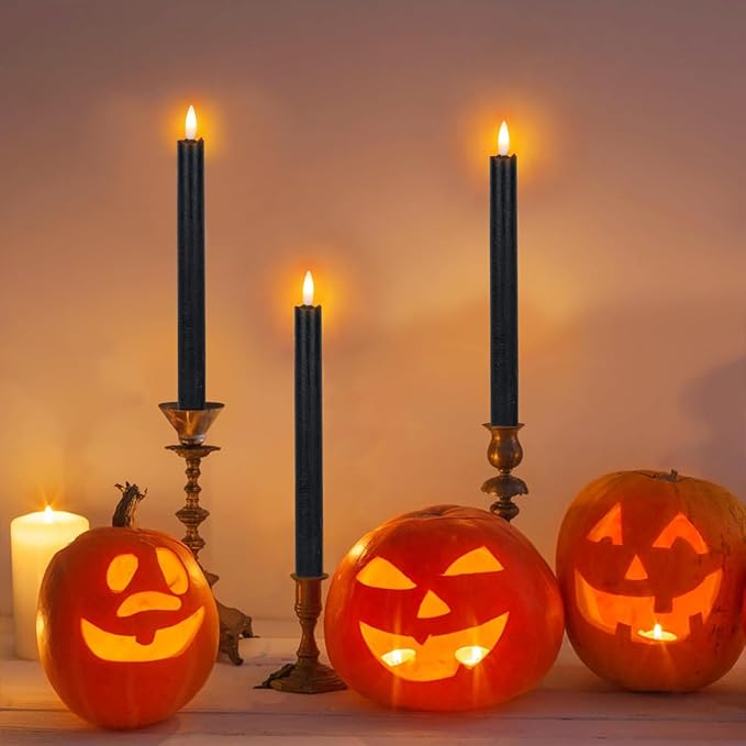 Halloween Flameless Taper Candles with 6 Hour Timer, Battery Operated Black LED Taper Candles Real Wax 3D Wick Flickering Halloween Dinner Table Decor Lights(6 Pack, 0.78” x 9.64”)