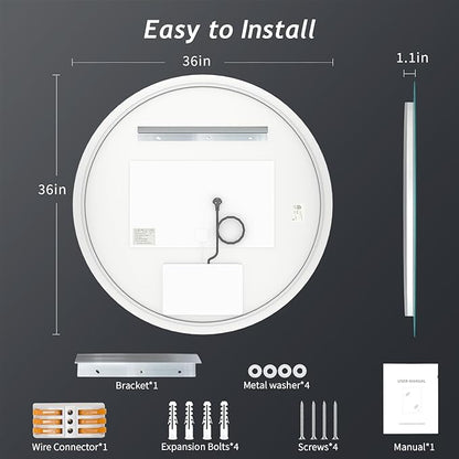 LED Round Bathroom Mirror, 36 Inch Backlit Wall Mounted Bathroom Mirror with Lights, Frameless Vanity Mirror with 3 Color Lights, CRI 95+, Anti-Fog, Shatter-Proof