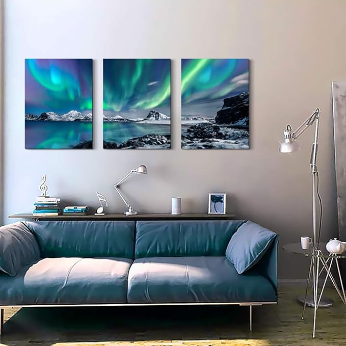MHARTK66 Wall Art for Living Room Wall Decor for Bedroom Office Decor Abstract Mountain Aurora Landscapes Painting 3 Piece Scenic Framed Canvas Art Prints Ready to Hang Wall Pictures Home Decor