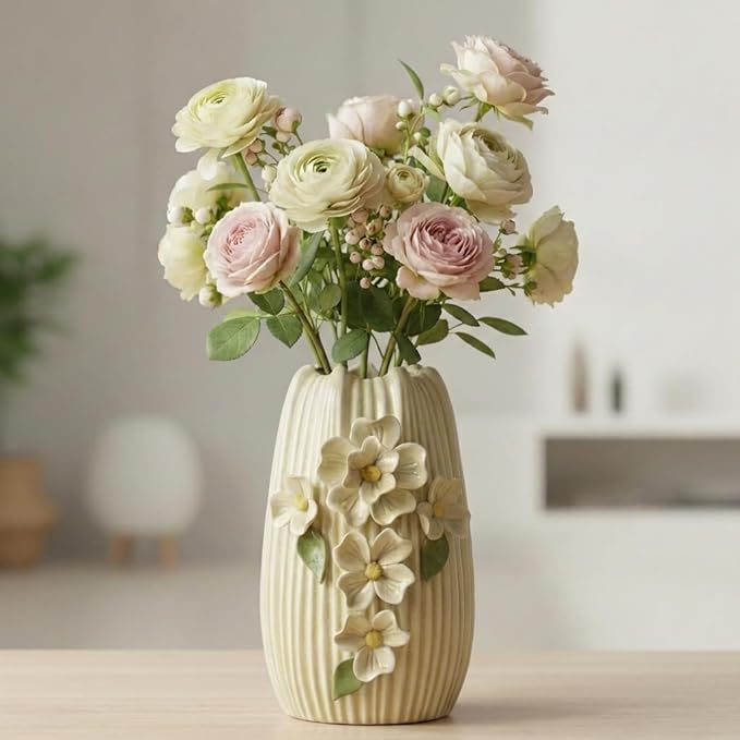 Yellow Ceramic Vase, 9 Inch Modern Centerpiece Vases Home Decor, Decorative Flower Vase for Pampas Grass, Kitchen, Fireplace, Living Room, Bathroom Decor