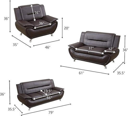 Living Room Sofa Set Faux Leather Sofa Couches, Living Room Furniture Sets, Brown Loveseat and Chair for Bedroom, Apartment, Rv Car, Office