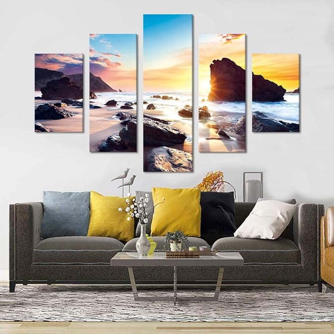 Sunset Beach Rocks Landscape Wall Art Set Sea Scene Picture Modern Painting on Canvas Framed Wall Artwork for Living Room Bedroom Kitchen Home Decor Giclee Print Ready to Hang-60''W x 40''H