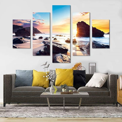 Sunset Beach Rocks Landscape Wall Art Set Sea Scene Picture Modern Painting on Canvas Framed Wall Artwork for Living Room Bedroom Kitchen Home Decor Giclee Print Ready to Hang-60''W x 40''H