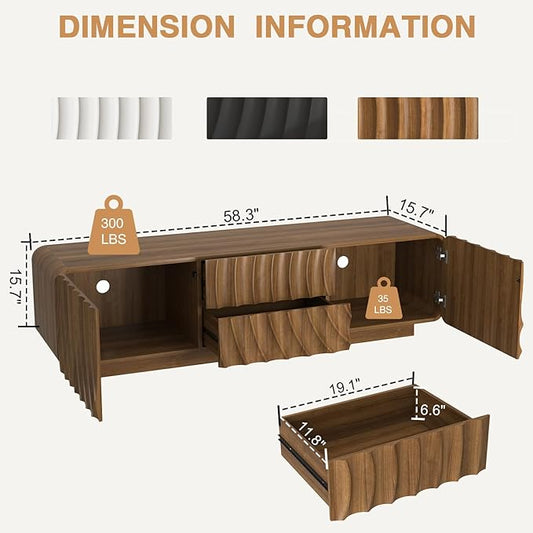 TV stand for 65'' TV , Media Console Table with Storage Cabinet, Spiral Wave Design,Low Profile Credenza for Living Room,Entertainment Center Television Stand with Curved Corner for Bedroom Walnut