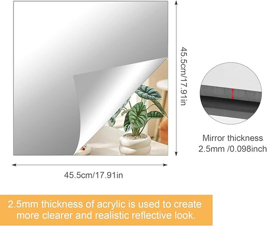 18x18 in Acrylic Mirror Sheet for Wall, 2.5mm Thick Unbreakable Non Glass Body Mirror Tile Self Adhesive Mirror Stickers Rectangular Wall Mirror for Bathroom Bedroom Home Gym Door Decor