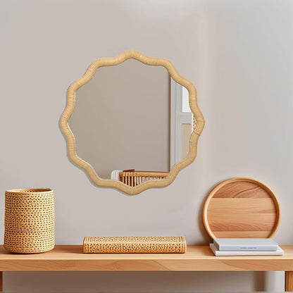 FUIN 20" Round Rattan Wall Mirror, Scalloped Wavy Wicker Frame – Handwoven Natural Boho Decor for Bathroom Vanity, Nursery & Entryway – Distortion-Free Glass