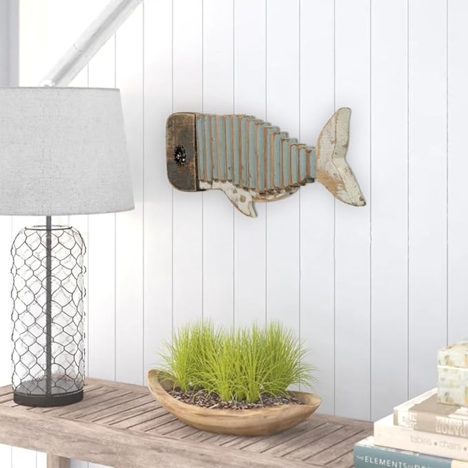 Driftwood Fish Nautical Wall Decor - Handmade Wooden Rustic Coastal Wall Art for Living Room, Bedroom, Office, Bathroom - Ocean Beach Decoration (Wally)