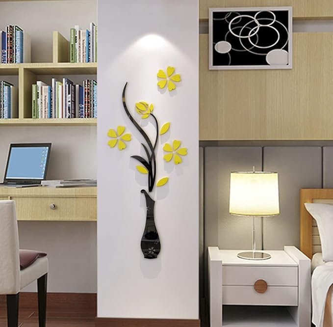 3D Vase Wall Murals for Living Room Bedroom Sofa Backdrop TV Background, Originality Stickers Gift, DIY Wall Decal Decor (Yellow, 47 X 18 Inches)