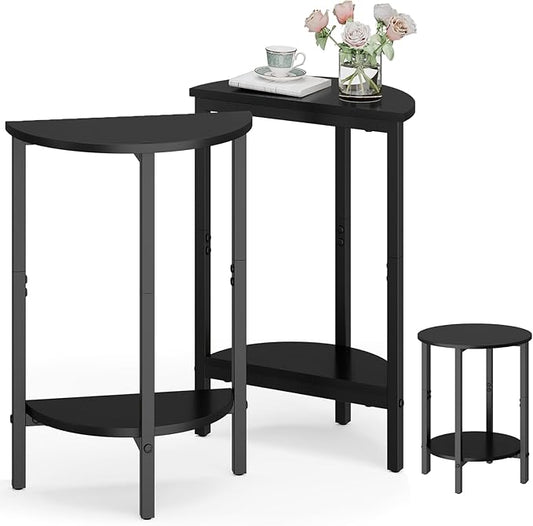 Vagusicc Side Table, Small End Table, Set of 2 Half Round Side Table for Living Room, 2 Tier Couch Side Tables, Small Round Coffee Table, Thin Accent Sofa Table Narrow Entryway Table, Black