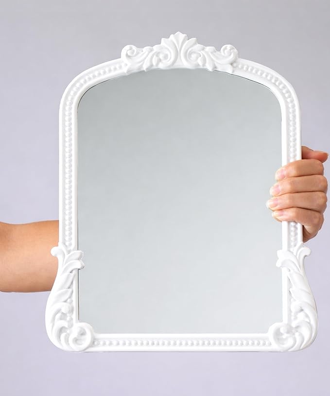 Vintage Vanity Small Mirror with Stand,Gold Decorative Mirrors for Wall,Antique Desk Eclectic Home Dresser Decor Small Mirror,Bathroom, Bedroom, Makeup Desk, Wall Entry,11.6" L x 9.0" W White
