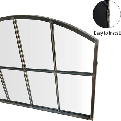 WAMIRRO Wide Window Pane Black Mirror,Farmhouse Arched Wall Mirror,Mantel Mirror for Fireplace/Entryway/Hallway/Living Room,42“X28” (Vintage Retro-Grey Wide)