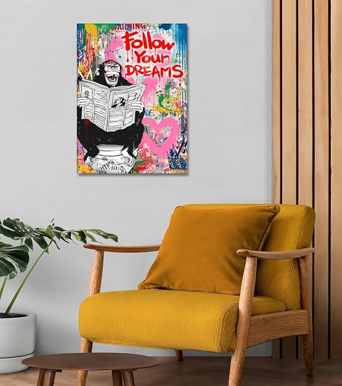 Monkey on Toilet Canvas Print Wall Art Follow Your Dreams Funny Wall Decor Animal Graffiti Poster Framed Artwork for Living Room Bedroom Bathroom Decoration Ready to Hang 12x16inch