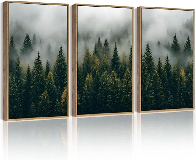 Drsoum Fog Pine Tree Landscape Wall Art Framed Nature Misty Nordic Forests Prints Morden Farmhouse Rustic Artwork Hallway Bathroom Ready to Hang 11x14in Natural Framed