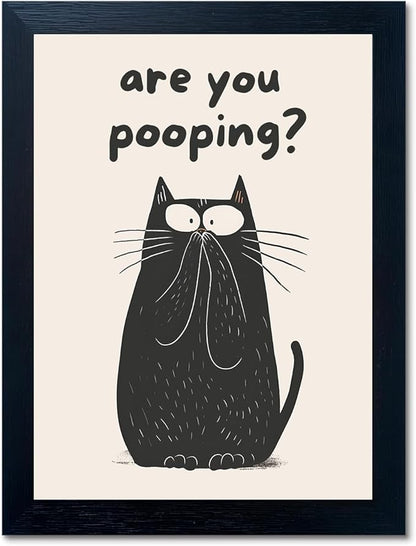 Funny Black Cat Wall Art - Are You Pooping Bad Smell Bathroom Decor, Guest Toilet Decor, Black Framed Prints 8"x10", Cute Animal Modern Minimalistic Bathroom Sign