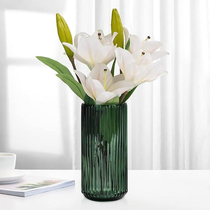 TIMEFOTO Flower Vase 10 inch Green Thickened Hand Blow Glass Vase Round Vintage Striped Bottles for Bookshelf,Dinner Table,Indoor Office Desktop,Meeting Room,Bathroom,Countertop,Home