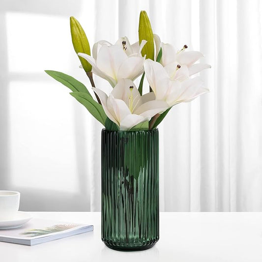TIMEFOTO Flower Vase 10 inch Green Thickened Hand Blow Glass Vase Round Vintage Striped Bottles for Bookshelf,Dinner Table,Indoor Office Desktop,Meeting Room,Bathroom,Countertop,Home