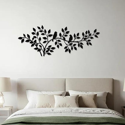 QZGXDECO 34Inch Metal Tree Leaf Birds on Branch Wall Decor Art,Black Vine Olive Branch Leaves with Bird Hanging Wall Sculpture for Home Balcony Living Room Bedroom Hallway Wall Decoration