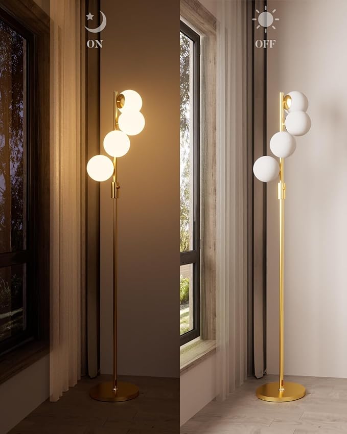 Lightdot 64IN Dimmable Globe Floor Lamp, Gold Standing Lamps with 4PCS 3000K Bulbs Warm White, Mid Century Modern Floor Lamp with 5Lbs Heavy Base for Living Room/Bedroom/Sofa Beside/Corner Decor