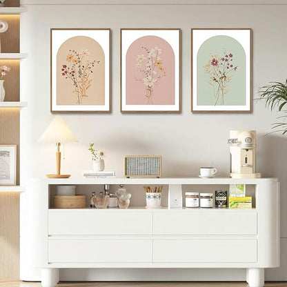 KISSFOX 3 Piece Framed Wall Art Botanical Wall Decor Floral Pictures Wildflower Canvas Art Pink Green Yellow Paintings Minimalist Boho Artwork For Girly Room Bedroom Apartment Living Room