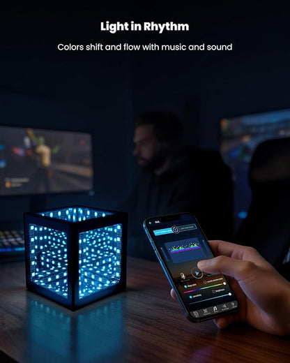 Nobiggie Infinity Mirror Cube Ambient Lighting, 3D Deep Space RGB LED Mood Light with Music Rhythm Sync, Futuristic Hypercube Decor for Home, Bedroom & Living Room (Space Black, Mini - 4.4 Inch)