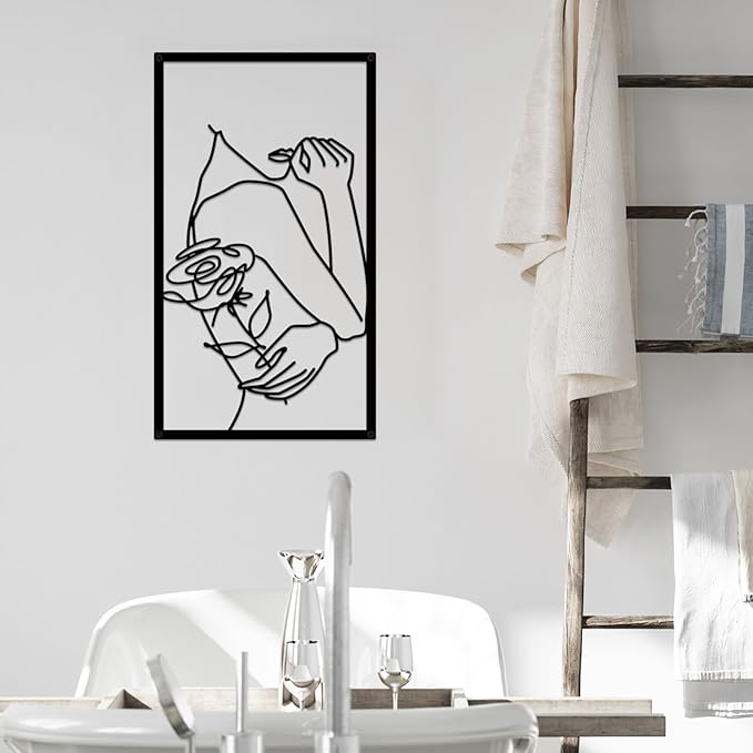 ESTART 3 Pieces Metal Minimalist Abstract Woman Wall Art Line Drawing Women Body Shape Wall Sculptures Single Line Female Flower Home Wall Art Decor for Bedroom Bathroom Living Room Kitchen