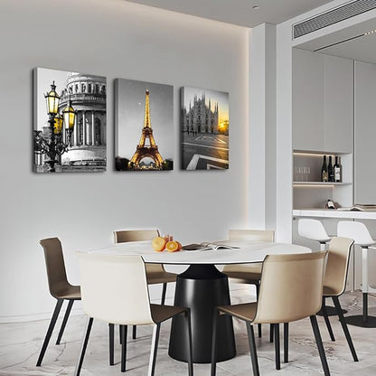 Black and white Architectural landscape Canvas Wall Art for Living Room kitchen Wall Artworks Bedroom Decoration, 3 Piece framed bathroom Home Wall decor posters Yellow Eiffel Tower wall painting