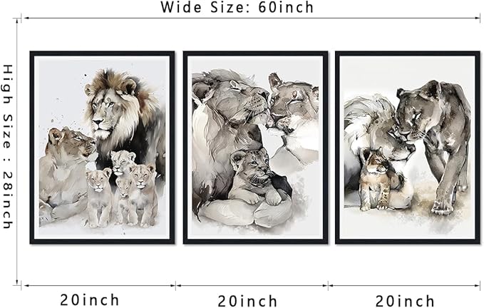 3 Pieces Wildlife Animals Framed Canvas Wall Art Vintage Lion Family Picture Wall Decor for Country House Modern Lions Animal Print Artwork for Living Room Decoration Easy to Hand 16x24inchx3pcs