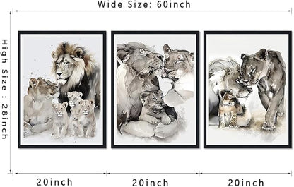 3 Pieces Wildlife Animals Framed Canvas Wall Art Vintage Lion Family Picture Wall Decor for Country House Modern Lions Animal Print Artwork for Living Room Decoration Easy to Hand 16x24inchx3pcs