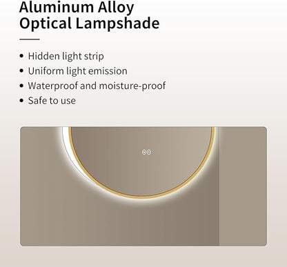 LAIYA 36 Inch Round LED Bathroom Mirror with Lights, Gold Aluminum Frame, Anti-Fog Dimmable Backlit Vanity Mirror, 3 Color Temperature, Memory Function, Wall Mounted Lighted Bathroom Mirror
