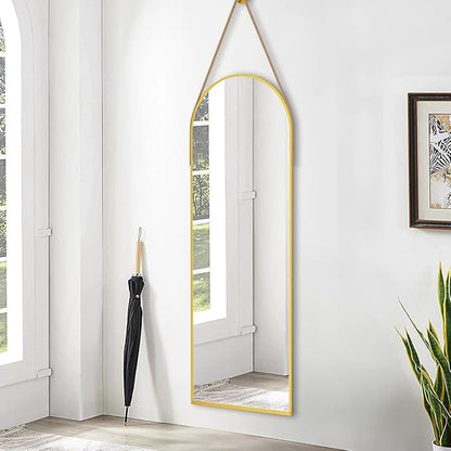 Dewfig 16"x48" Hanging Mirror with Leather Strap,Arched Full Length Mirror with Aluminum Frame Wall-Mounted Hanging Mirrors for Bathroom Vanity Living Room Bedroom Entryway Décor, Gold