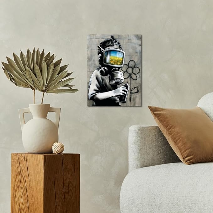 Yatsen Bridge Classic BANKSY Canvas Sunflower Field Mask Wall Art Print Street Graffiti Printable Painting Home Decor Posters Stretched and Framed Ready to Hang - 12x16 inch
