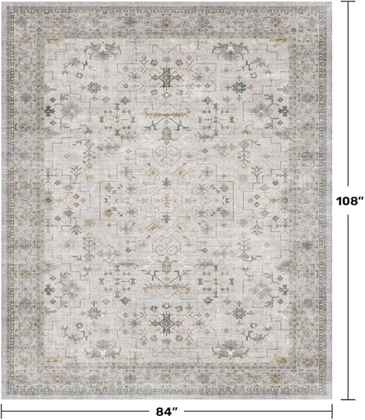 Hazo Haus Boho Light Grey Living Room Rug 7x9 - Modern Eclectic Floral Paste Neutral Taupe, Washable Low Pile Non-Slip Large Area Rugs for Dining Under Table, Bedroom Under Bed
