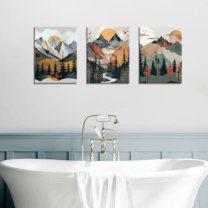 Mountain Canvas Wall Art Set of 3, Boho Sun Forest Abstract Nature Landscape Artwork Wall Decor, Watercolor Posters Prints Painting Picture Artwork for Living Room Bedroom Office 16x24 In Framed