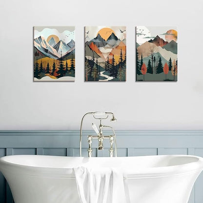 Mountain Canvas Wall Art Set of 3, Boho Sun Forest Abstract Nature Landscape Artwork Wall Decor, Watercolor Posters Prints Painting Picture Artwork for Living Room Bedroom Office 16x24 In Framed